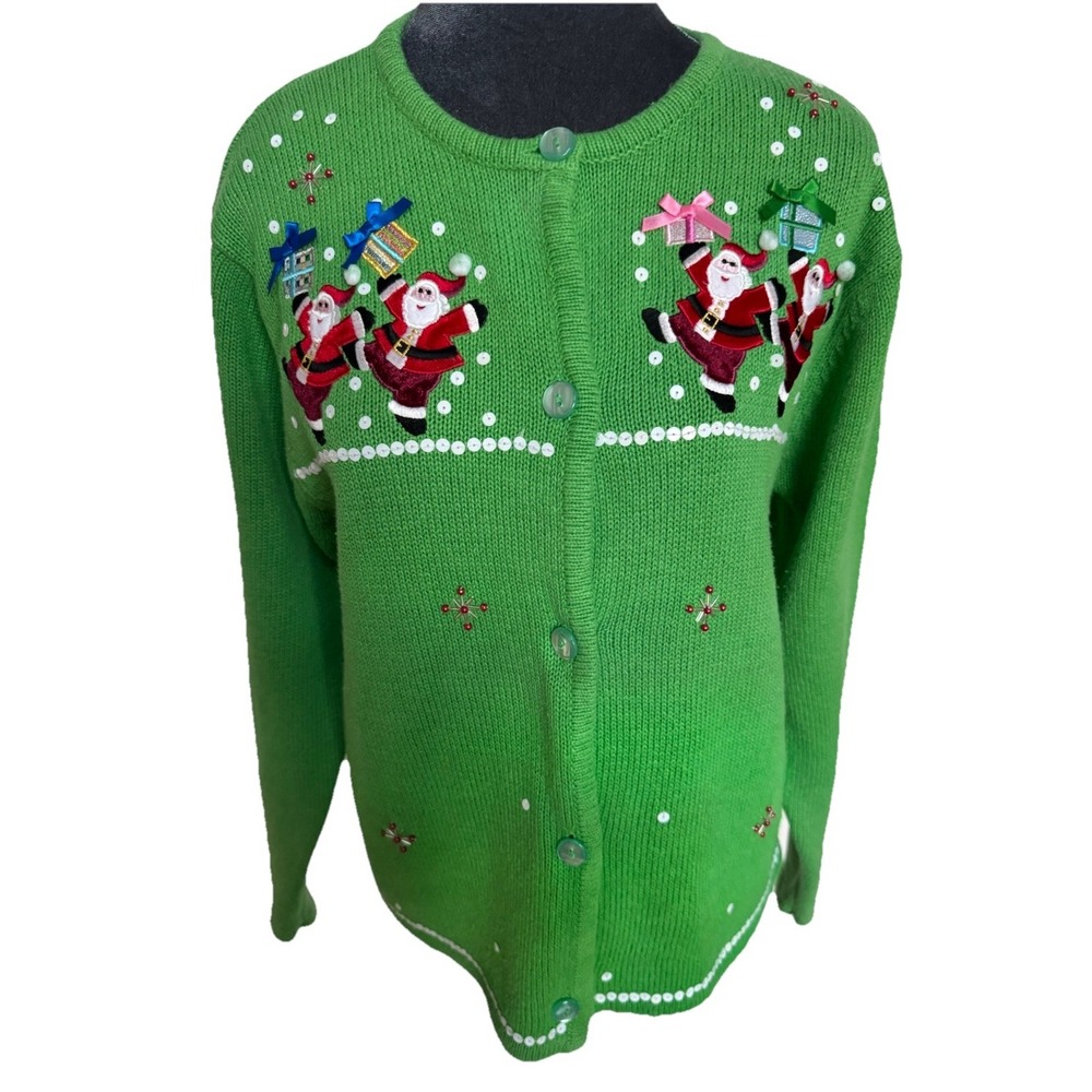 Vtg Crystal-Kobe Cardigan Sweater PL Christmas Green Embroidered Santa Classic‎